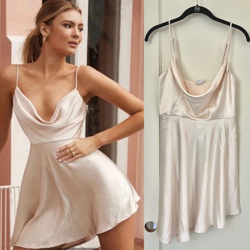 Selfie Leslie Angel Eyes cowl neck asymmetric hem mini dress in champagne size M